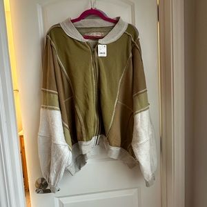 Free People starburst bomber jacket, green, khaki, and cream.